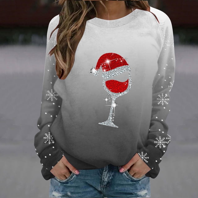 Ventes de Liquidation! Aqestyerly Hauts de Noël Grande Taille pour Femmes Col Rond Sweat Imprimé de Noël Manches Longues Chandail en Molleton Sans Capuche