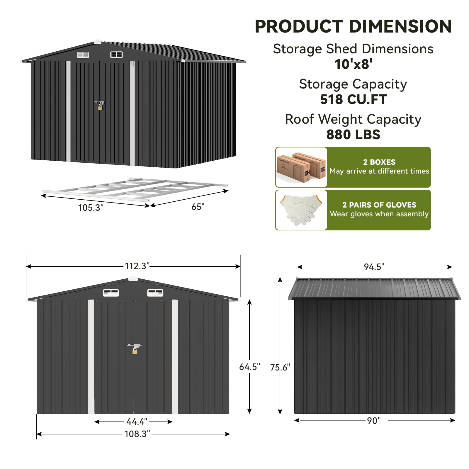 COMHOMA Outdoor Storage Shed with Base 10 x 8 FT Shed with Lockable Door Steel Garden Shed with Air Vent,Gray
