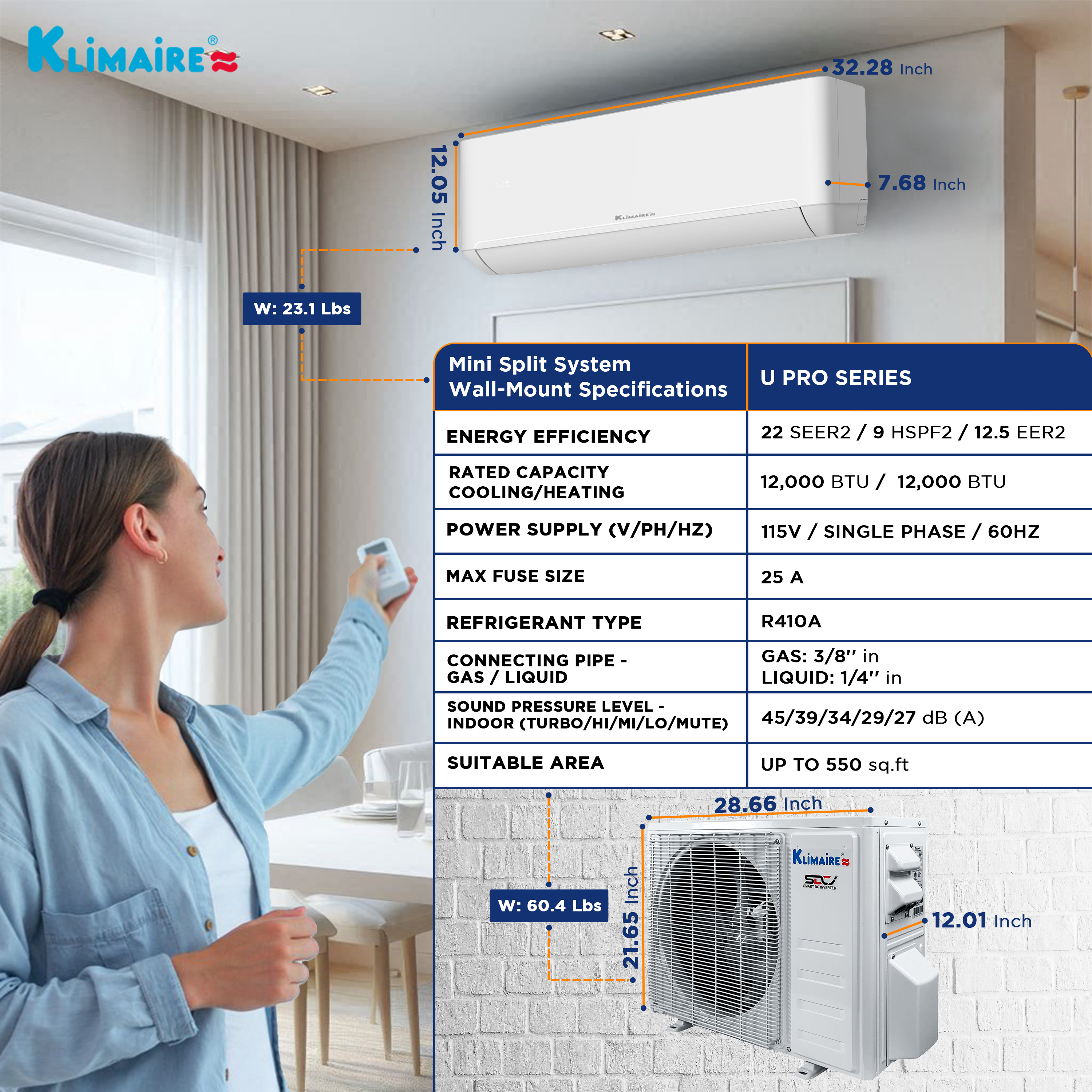 Klimaire 12,000 BTU 22 SEER2 Ductless Mini-Split Heat Pump Air Conditioner 550 sq. ft. (115V)