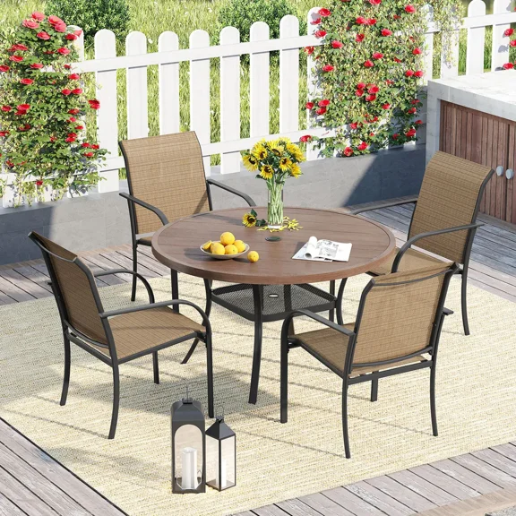 VOXBIN 5 Pieces Patio Dining Set – 40.6" Round Outdoor Table with 4 Stackable Chairs, Walnut Wood Grain Table and Brown Chairs,For Garden