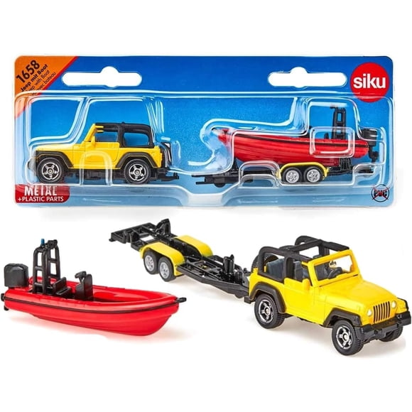 SIKU 1658 Jeep con barco Metal/Plástico Amarillo/Rojo Remolque extraíble Barco flotante