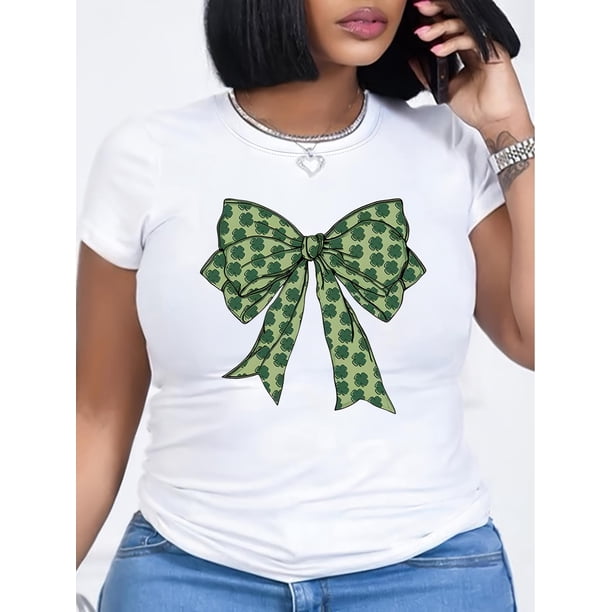 Women's St. Patrick's Day Bow Print T-Shirt, 100% Polyester Knit Fabric, Casual Crew Neck Short Sleeve Tee for Spring/Summer, Holiday Festive Shirt | Festive Graphic Tee | Smooth Texture Shirt
