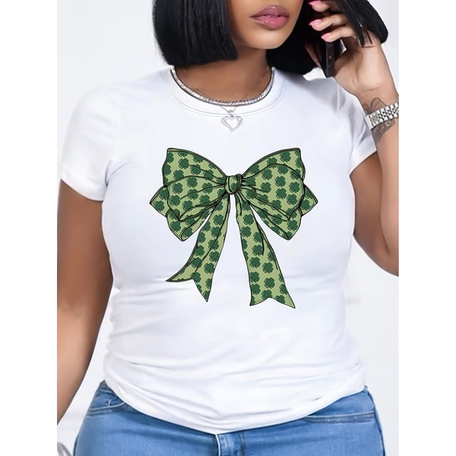 Playera Deportiva Manga Corta Mujer Dry-FitWomen's St. Patrick's Day Bow Print T-Shirt, 100% Polyester Knit Fabric, Casual Crew Neck Short Sleeve Tee for Spring/Summer, Holiday Festive Shirt | Festi