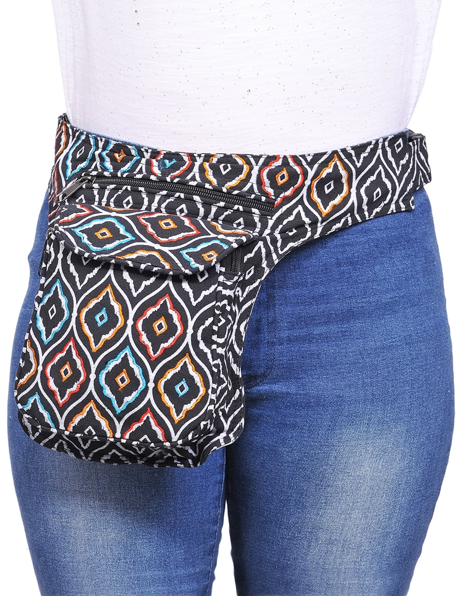 The Collection Royal Fanny Pack Crossbody Bags for Women| Cotton Canvas Boho Hippie Festival Colorful Belt Bag for Women (Black T)