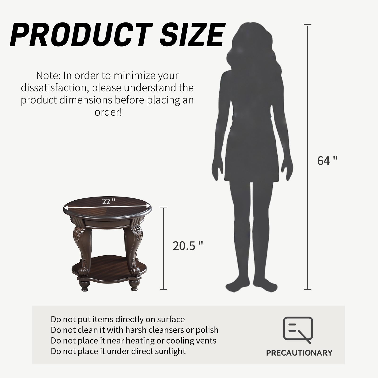 22" Vintage Round End Table - Solid Wood Side Table with Shelf & Carved Legs for Living Room, Farmhouse Style in Espresso