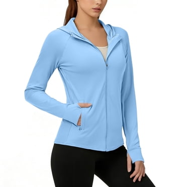 Womens Athletic Jacket, Lightweight Full Zip Running Hoodie with UPF Sun Protection - Stretchable Workout Yoga Top for Women, Blue,Size XL