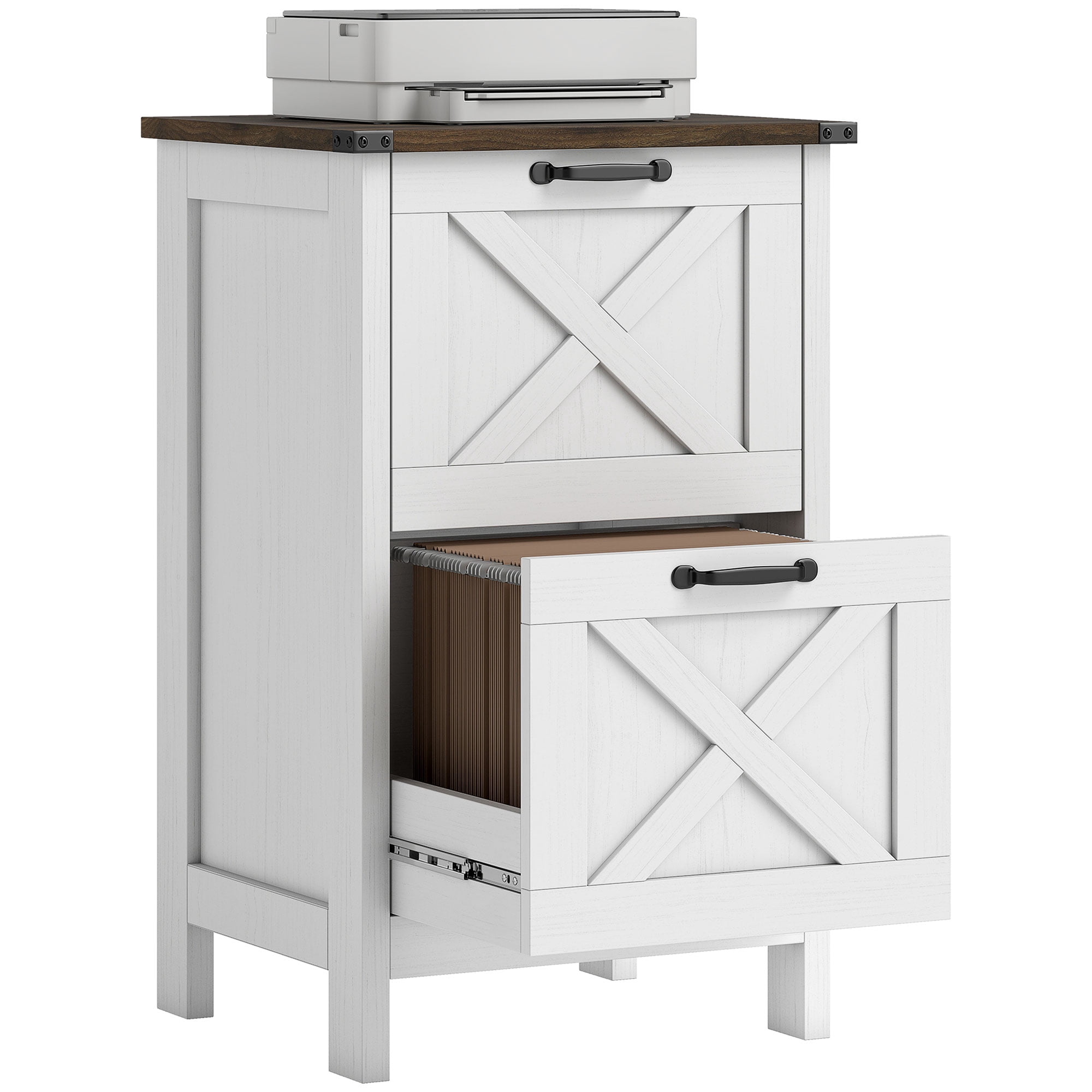 HOMCOM 2 Drawer Vertical File Cabinet with Silent Slides, Farmhouse Filing Cabinet with Barn Doors for A4/Letter Size, Printer Stand, Distressed White
