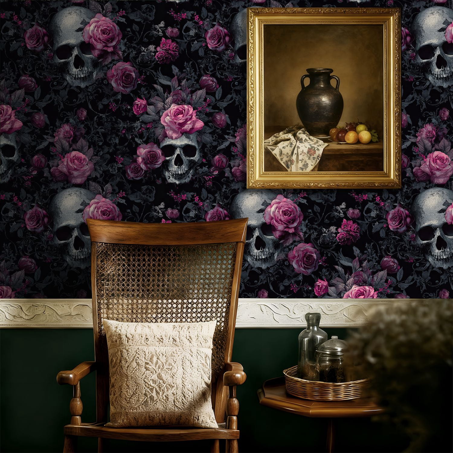 Boho Peel and Stick Wallpaper Gothic Skull Roses Dark Floral Wall Mural 17.7in x 9.8ft Self Adhesive Removable Wall Paper Renter Friendly Wallpaper for Bedroom Kitchen Farm