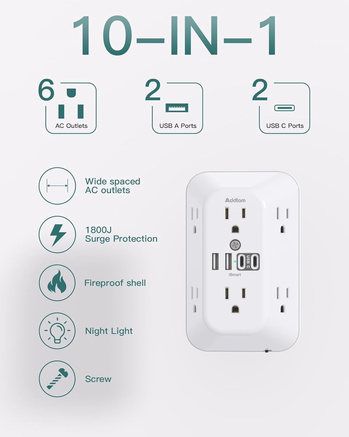 Sur Protector Outlet Extender, 6 Outlet Splitter with Night Light and 4 USB Wall Charr(2 USB-C Ports), Multi Plug Wall Outlet Power Strip for Home Office Dorm Room Essentials