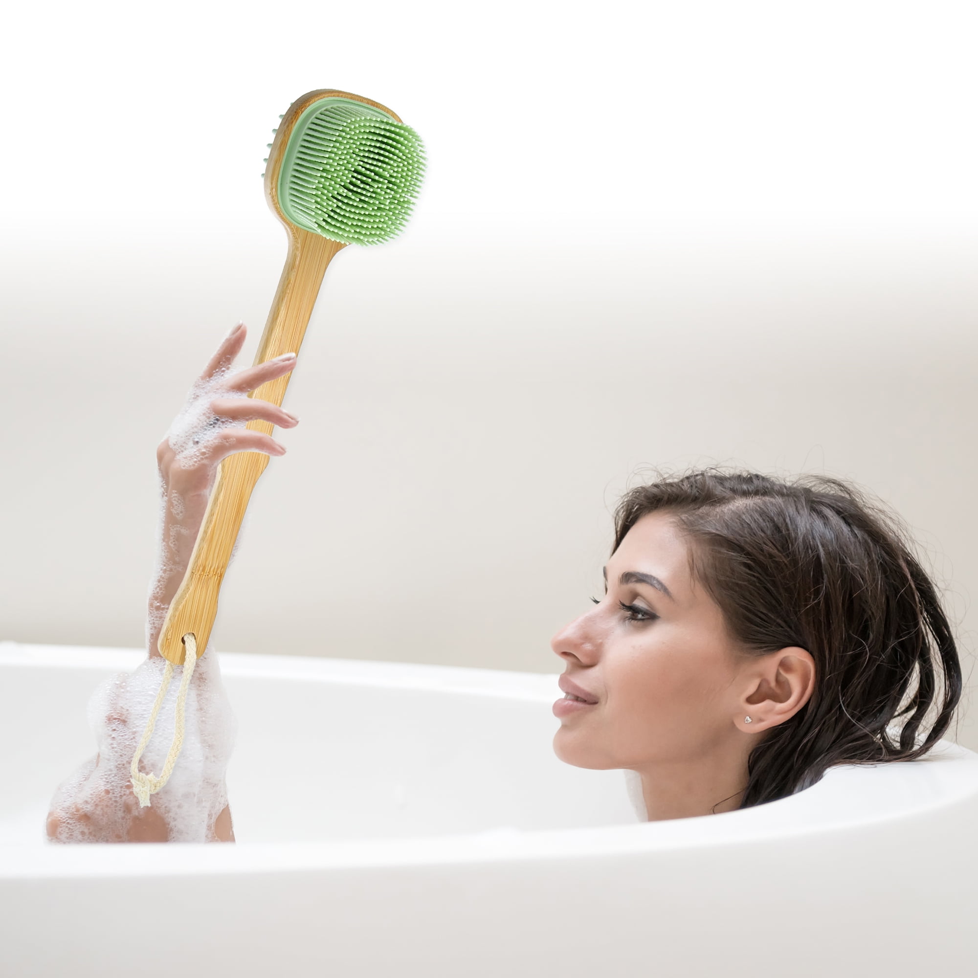 Unique Bargains Back Scrubber Brush with Long Handle for Exfoliating Silicone Light Green