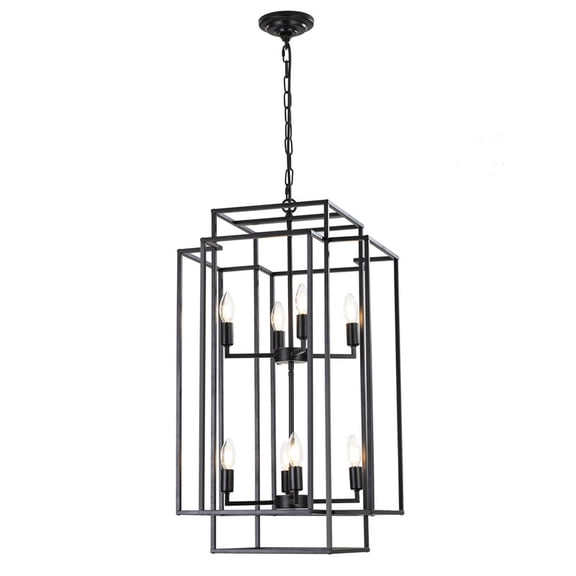 18" Modern 8-Light Black Geometric Pendant Chandelier, Industrial Metal Frame, Adjustable Hanging Light for Living Room, Dining Room, Kitchen (No Bulbs)