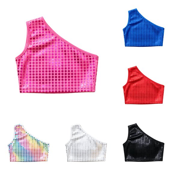 RMGVDSD Girls Sequin Crop Top Shiny Tees Sleeveless Tank Tops Stage Performance Dance Blouse Holiday Party Wear 9-11 Years