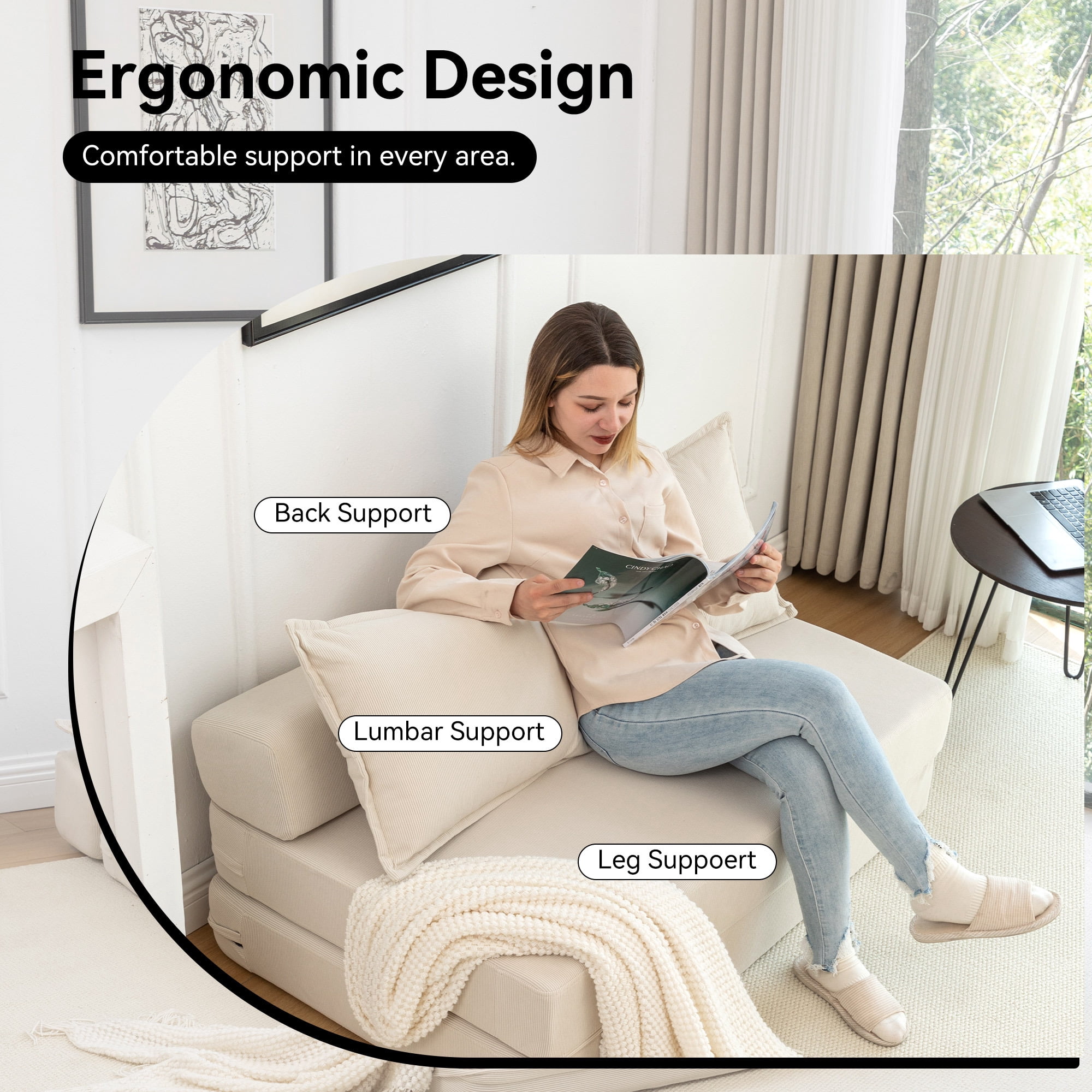 Leumius Folding Sofa Bed,Memory Foam Sleeper Lounge Chair Bed with Pillow, Floor Mattress Couch with Backrest for Living Room/Dorm/Guest Room/Home Office,Beige
