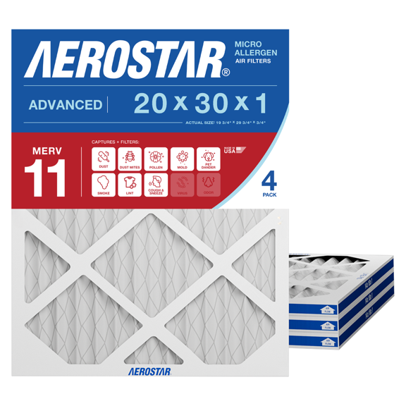 Aerostar 20x30x1 MERV 11 AC Furnace Air Filter, Pleated HVAC Filter, MPR 1000 FPR 7, Allergen Defense, 4-Pack, Made in USA