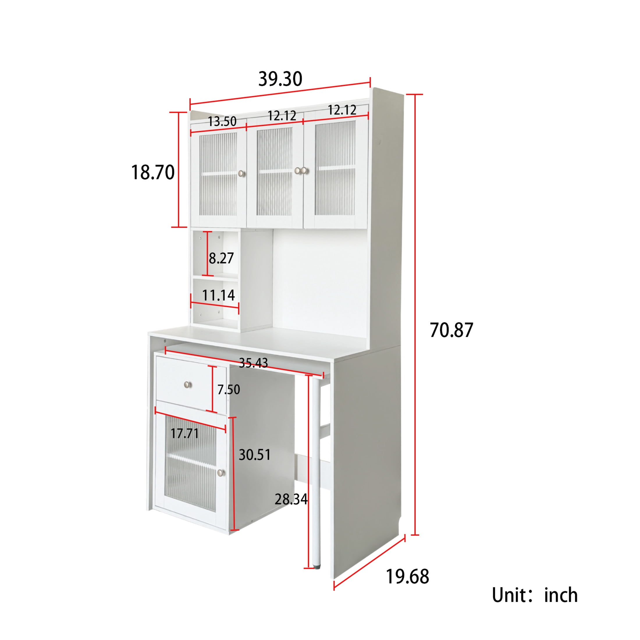 Noble House 70.87" Computer Desk with Hutch, Glass-Door Cabinets, 90° Rotating Desktop, Bookshelf & Drawer, White