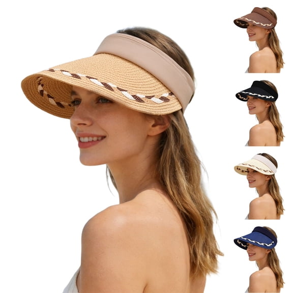 Shadoumai Women Wide Brim Straw Visor Hat, Foldable Open Top Summer Beach Cap, Breathable UV Protection Roll-Up Sun Hat for Travel