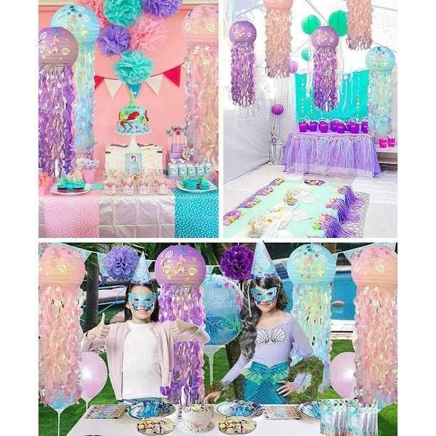 Mermaid Jellyfish Paper Lanterns Kit with LED Lights 3 Set Colors Mermaid Wishes Lanterns with Bright Strip Mermaid Stickers Lighted Up Mermaid