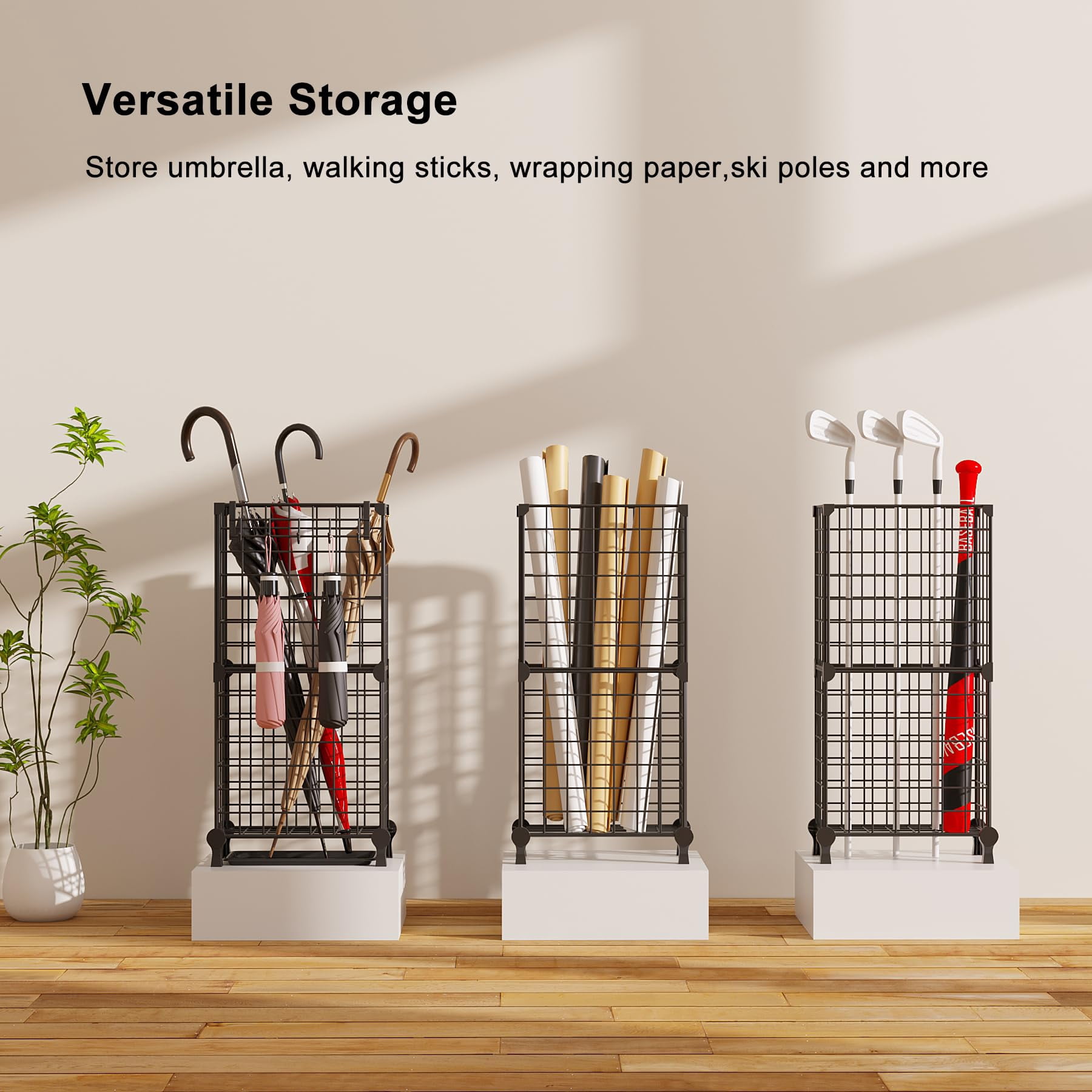 Umbrella Holder Entryway  Stand Freestanding Metal Square Rack Organizer With A Removable Drip Tray Hooks Black