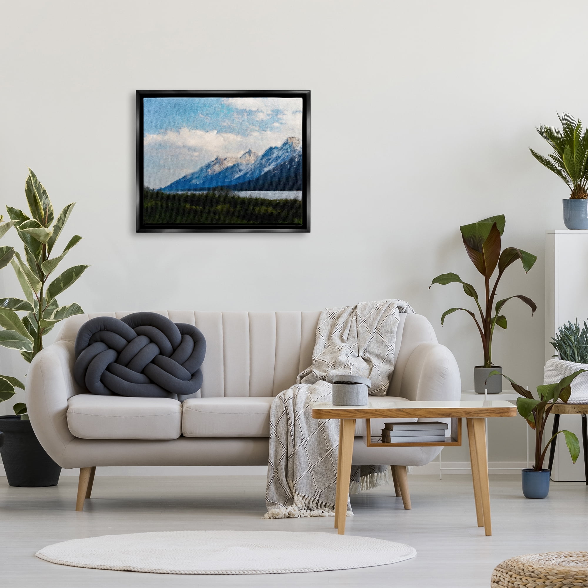 Stupell Industries Mountain & River Landscape Landscape Painting Black Floater Framed Canvas Art Print Wall Art, 31 x 25