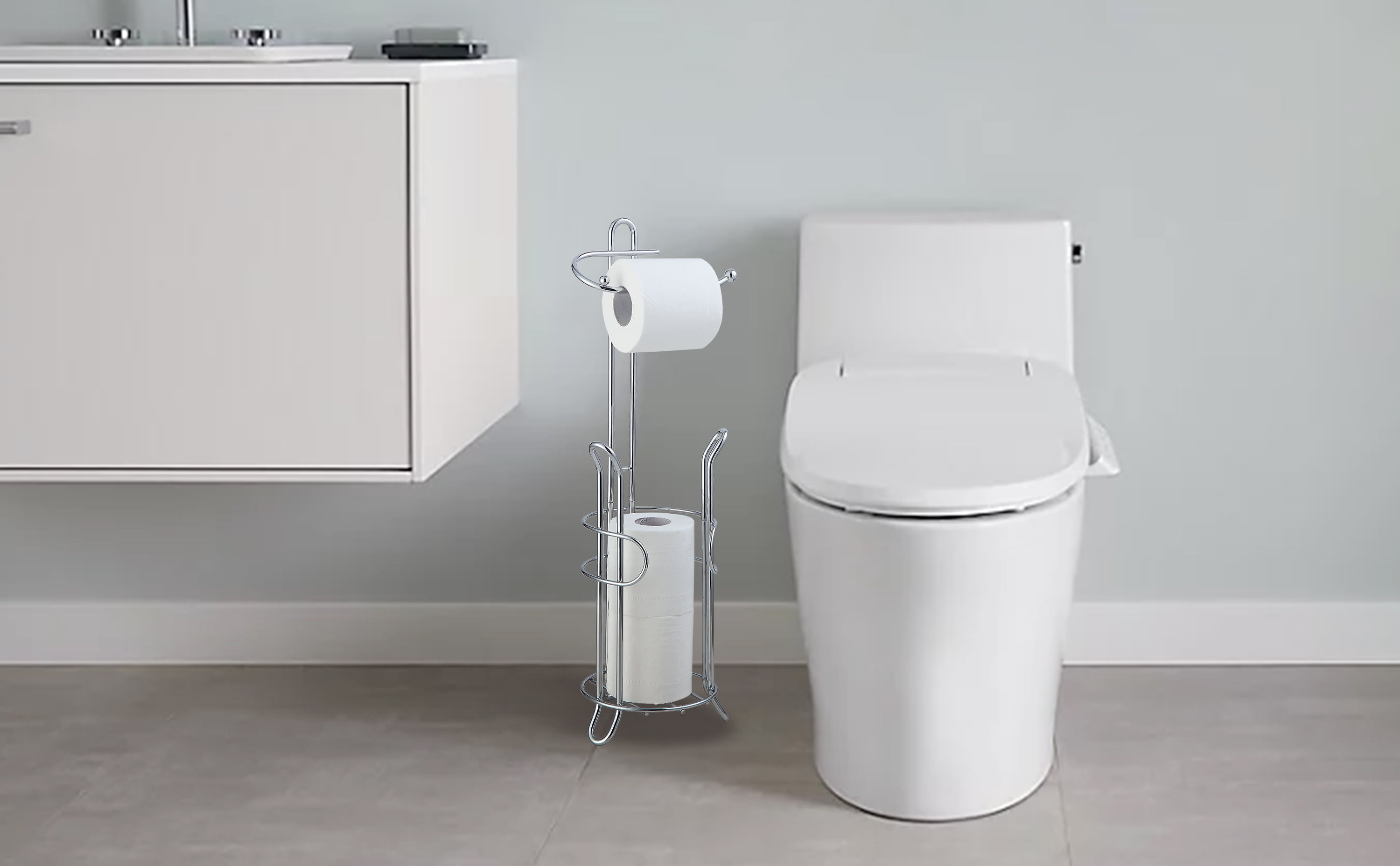 SunnyPoint Freestanding Toilet Paper Holder Stand with Storage – Holds 3 Spare Rolls, Sturdy Steel Construction, Chrome Finish, for Bathroom & Restroom