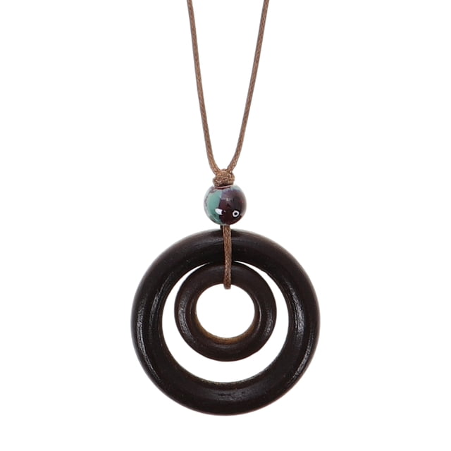 Collar de madera con doble círculo, estilo bohemio vintage, con estilo artístico, para mujer, colgante largo de madera circular para suéter, joyería elegante.