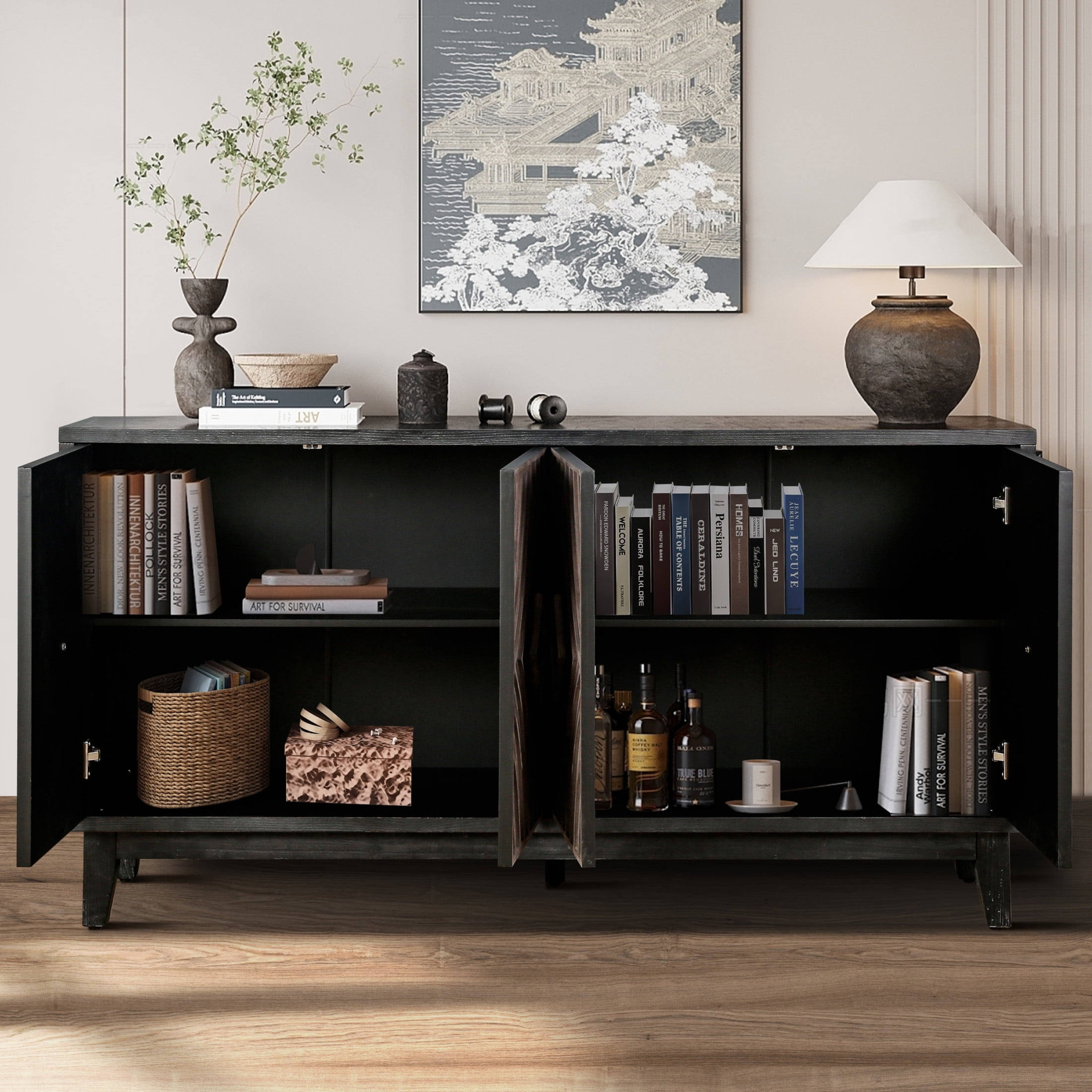 Noble House Mid-Century Buffet Sideboard, 4-Door Diamond Pattern Credenza with Solid Wood Legs and Storage Shelves, Antique Brown