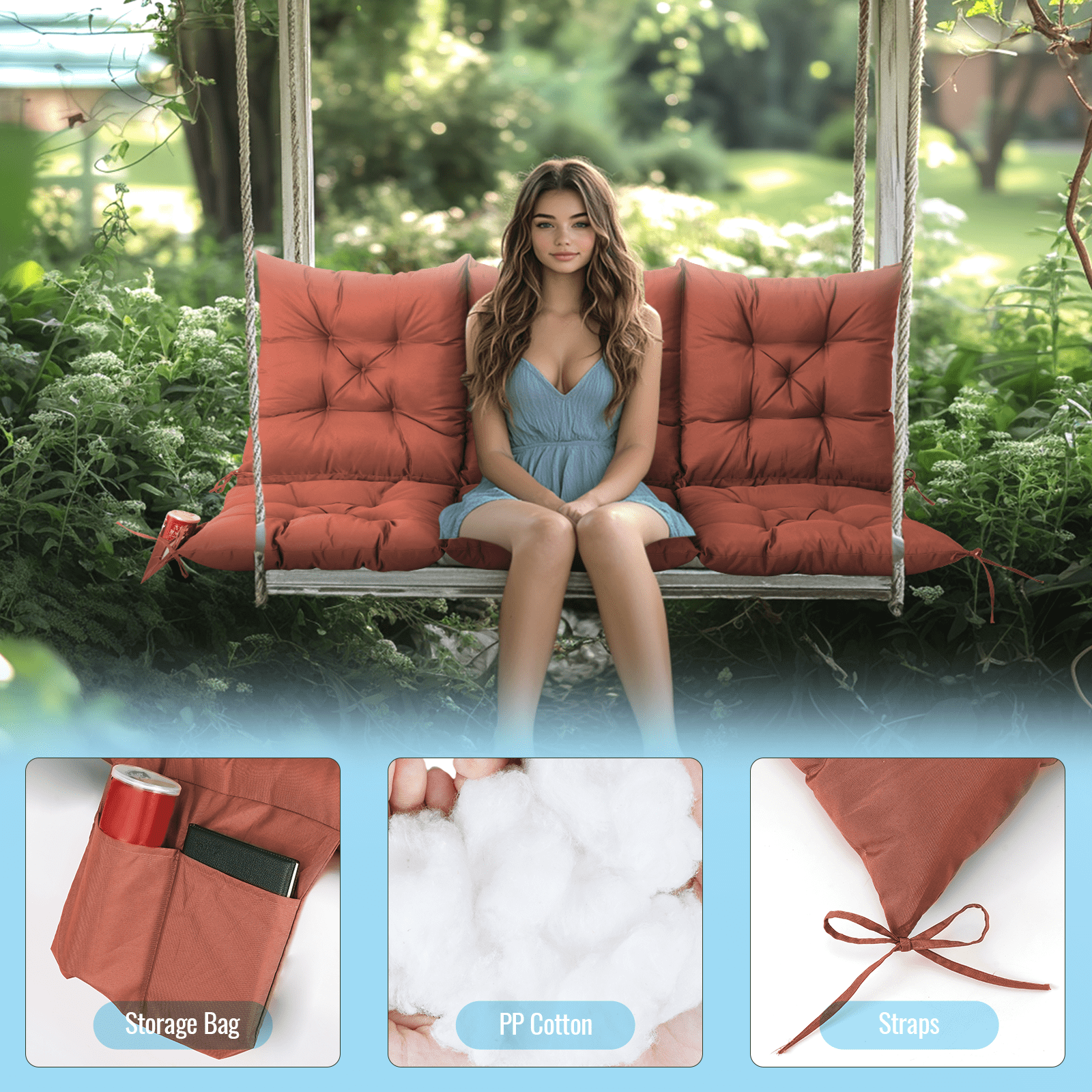 Outdoor Bench Cushion Inlife Swing Chair Cushion Waterproof Sun-Resistant with 8 Nonslip Ties, Deep Coffee 150cm*100cm