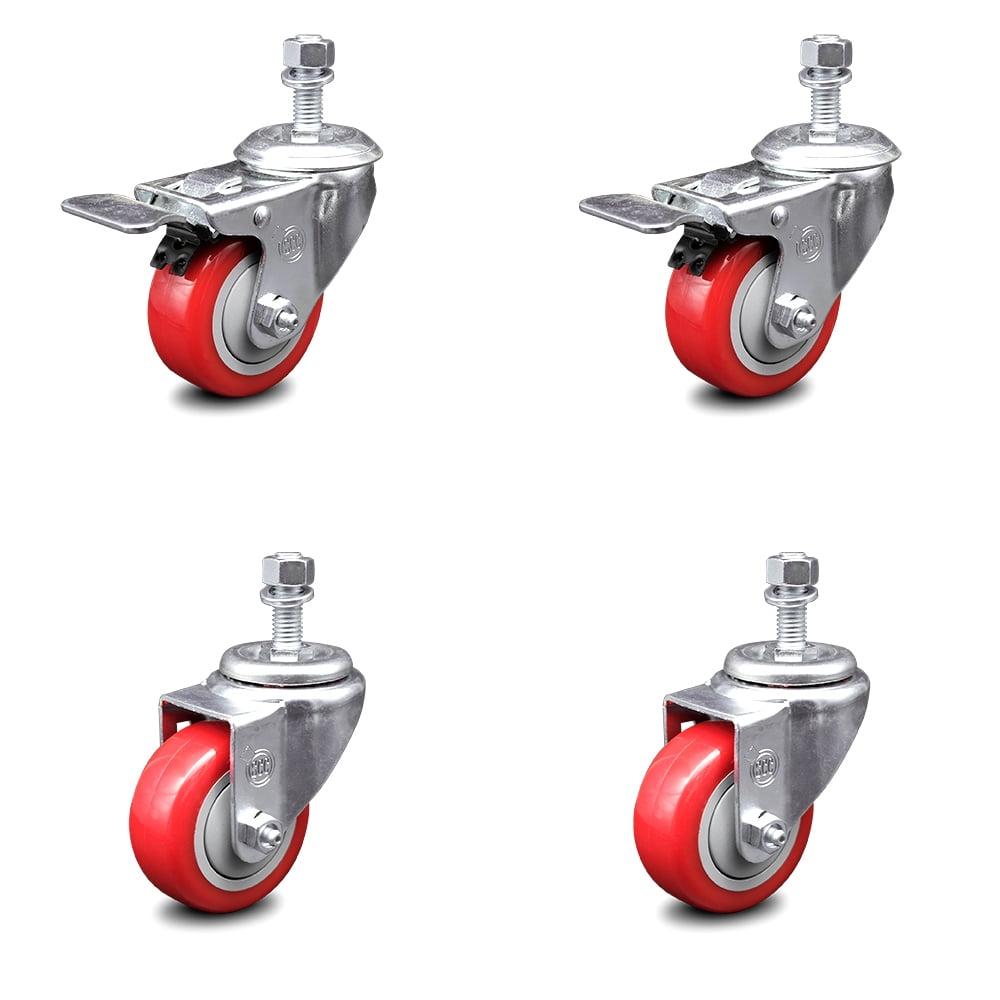 8 Pack 4 Inch Stem Caster Swivel with Front Brake Red Polyurethane Caster Wheels 
