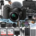 thumbnail image 1 of Sony Alpha ZV-E10 Mirrorless Vlog Camera With 16-50mm Lens + Two Pack 32GB Memory Card + Flash + Tripod + Case + A-Cell Mobility Accessory Bundle (Black), 1 of 1