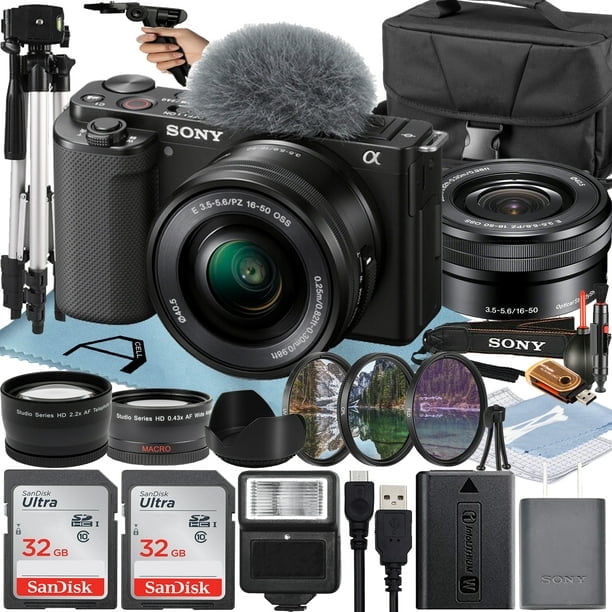 Sony Alpha ZV-E10 Mirrorless Vlog Camera With 16-50mm Lens + Two Pack 32GB Memory Card + Flash + Tripod + Case + A-Cell Mobility Accessory Bundle (Black)