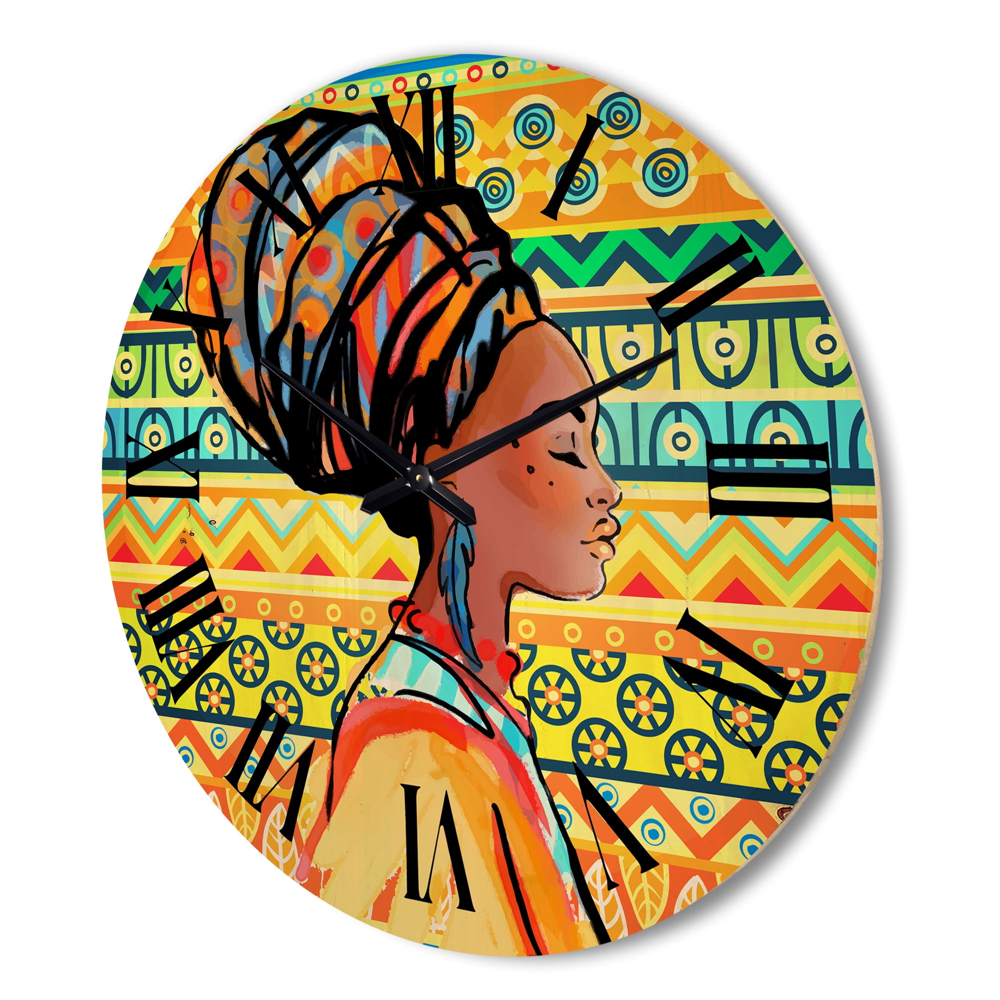 Designart 'African American Woman Portrait with Turban III' Modern Wood Wall Clock