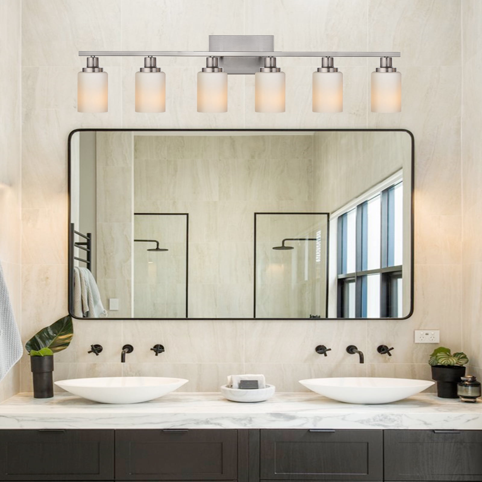 Melucee Modern Bathroom Light Fixtures, 6 Light Vanity Lights, Brushed Nickel Wall Lamp with White Glass for Bathroom