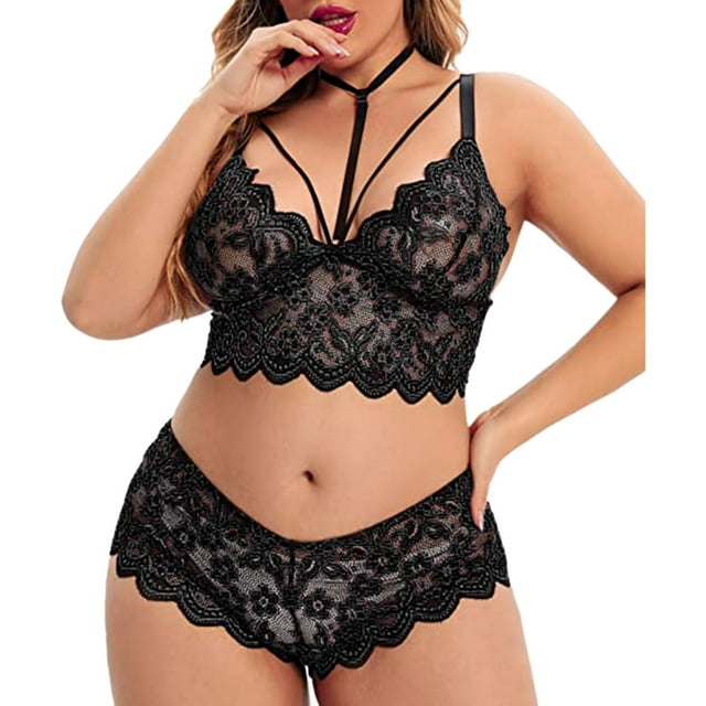 Gibobby Lencería sexy Conjunto de lencería de 2 piezas de talla grande para mujer con sujetador de tiras y bragas(Negro, M)