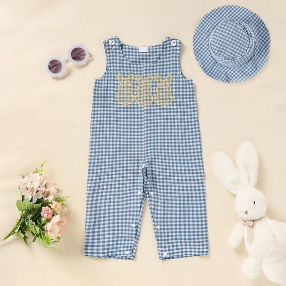 ZEHJUHAN Newborn Baby Girls Boys Outfit Bunny Sleeveless Plaid Romper with Hat My First Easter Clothes Blue,3-6M