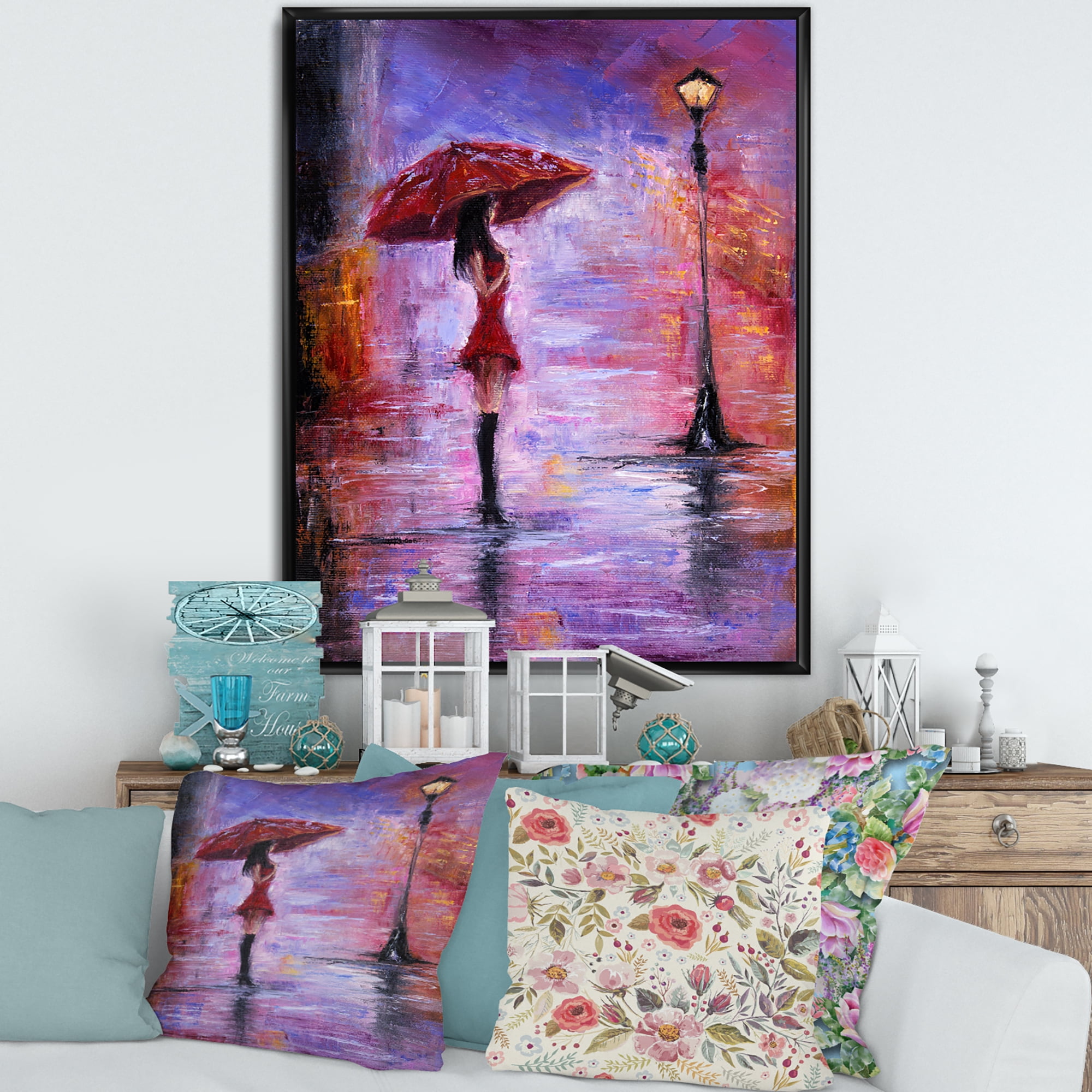 Designart 'The Girl With The Umbrella Walking In The Rain I' French Country Framed Canvas Wall Art Print