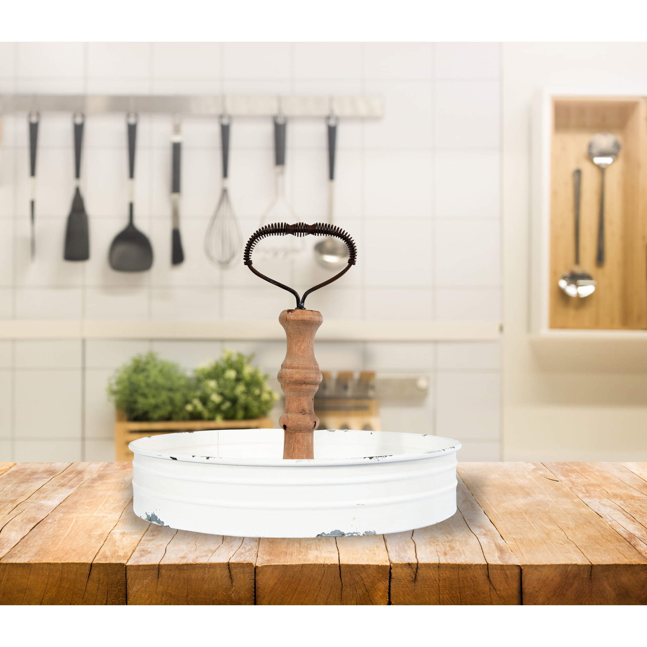 Creative Co-Op Round Metal & Wood Tray with Handle