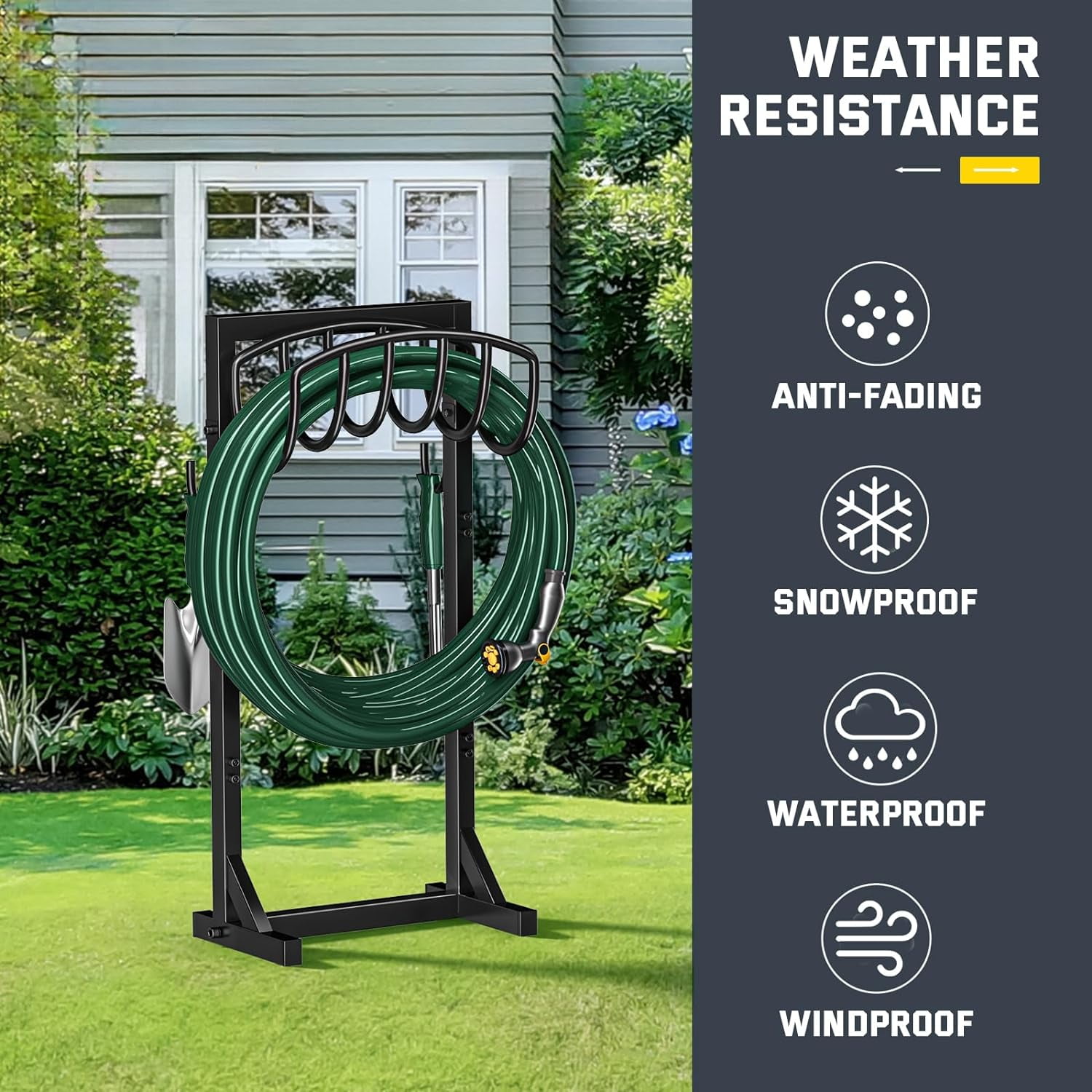 Garden Hose Holder with 4 Spikes & 2 Tool Hooks, Freestanding Water Hose Stand Heavy Duty 2 Hooks Metal Garden Hose Storage Hose Reel Rack for Outside