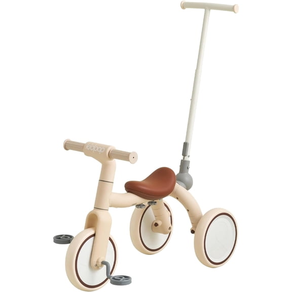 Kidpop Pony 4-in-1 Toddler Tricycle, Convertible Balance Bike and Scooter with Adjustable Push Handle, Ages 1 to 4 Years, Beige