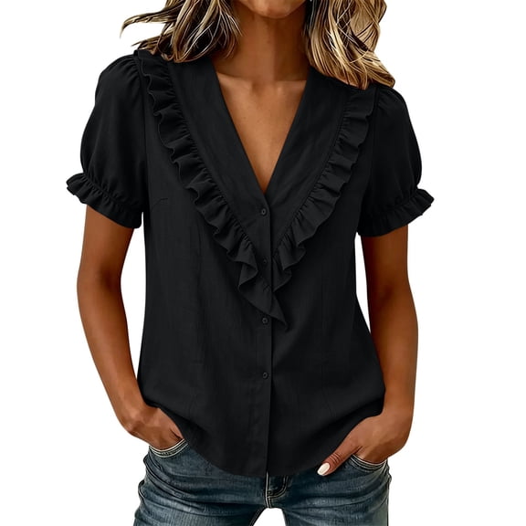Cilsoka Women's Ruffle Trim Button Down Shirts Summer V Neck Puff Sleeve Cotton Linen Tops Casual Loose Fit Solid Blouse