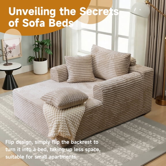 61''Oversized Chaise Lounge Chair Indoor Cloud Corduroy Floor Sofa Bed,Modern Deep Seat Sofa with Back Cushion,Pillows,Cozy Sleeper Couch for Living Room for Living Room Bedroom Office,Beige