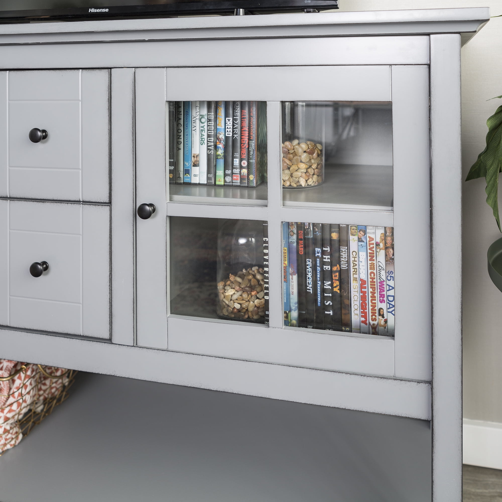 Walker Edison 52" Transitional Wood Glass Console Table Highboy Buffet TV Stand - Antique Grey