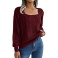 thumbnail image 2 of Duoif Sweaters for Women Trendy Women's Square Neck Solid Color Sleeve Pullover Sweater Fashionable Casual Top Women's Sweaters Red M, 2 of 9
