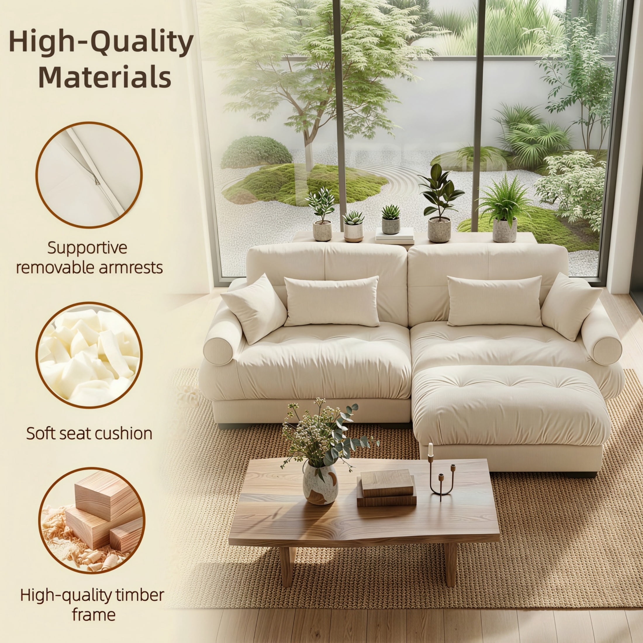 Amuille 93.7" Modular Sectional Sofa Velvet L Shaped Cloud Couch, 2-Seat Deep Seat Sofa for Living Room, with 4 Pillows, Cream