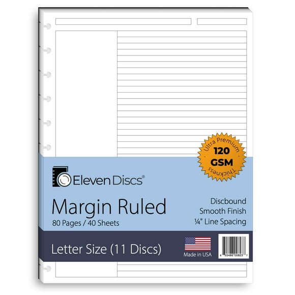 Eleven Discs Papier Relié Format Lettre Feuilles à Marge Lignée - Recharges de Cahier et Planificateur de Qualité Supérieure 120 G/m2, Poids Lourd - 11 Disques 8,5 X 11 Po - Perforé pour Arc Circa Tul (40 Feuilles)