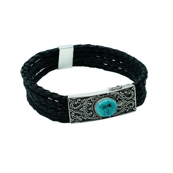 Tibetan Silver Handmade Turquoise Gemstone Bracelet 925 Sterling Silver & Leather Wristband for Men & Women