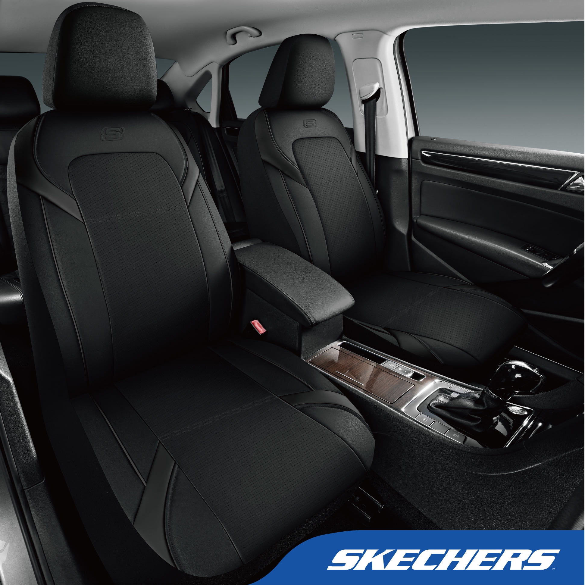 Skechers Premium Leather Car Seat Cover – Front Seat, Durable, Breathable, Universal Fit for Cars, SUVs, and Trucks - Black