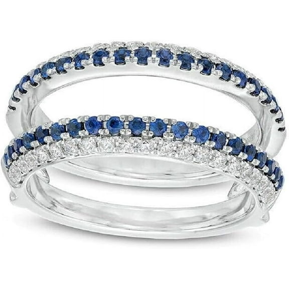 NYS Jewellrs 925 Sterling Silver 2.30 Ct Round Cut Blue Sapphire Christmas Wedding Engagement Thanksgiving Enhancer Guard Wrap Ring 14K White Gold Plated For Women's -5.5