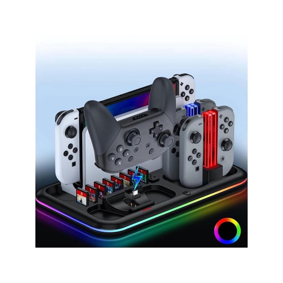 Switch Controller Charger for Nintendo Switch & OLED Joycon Charging Dock, Switch Organizer Station with RGB Lights for TV Dock, Pro Controller, 4 Joy-Cons, 2 Extended USB-C, 8 Game Slots