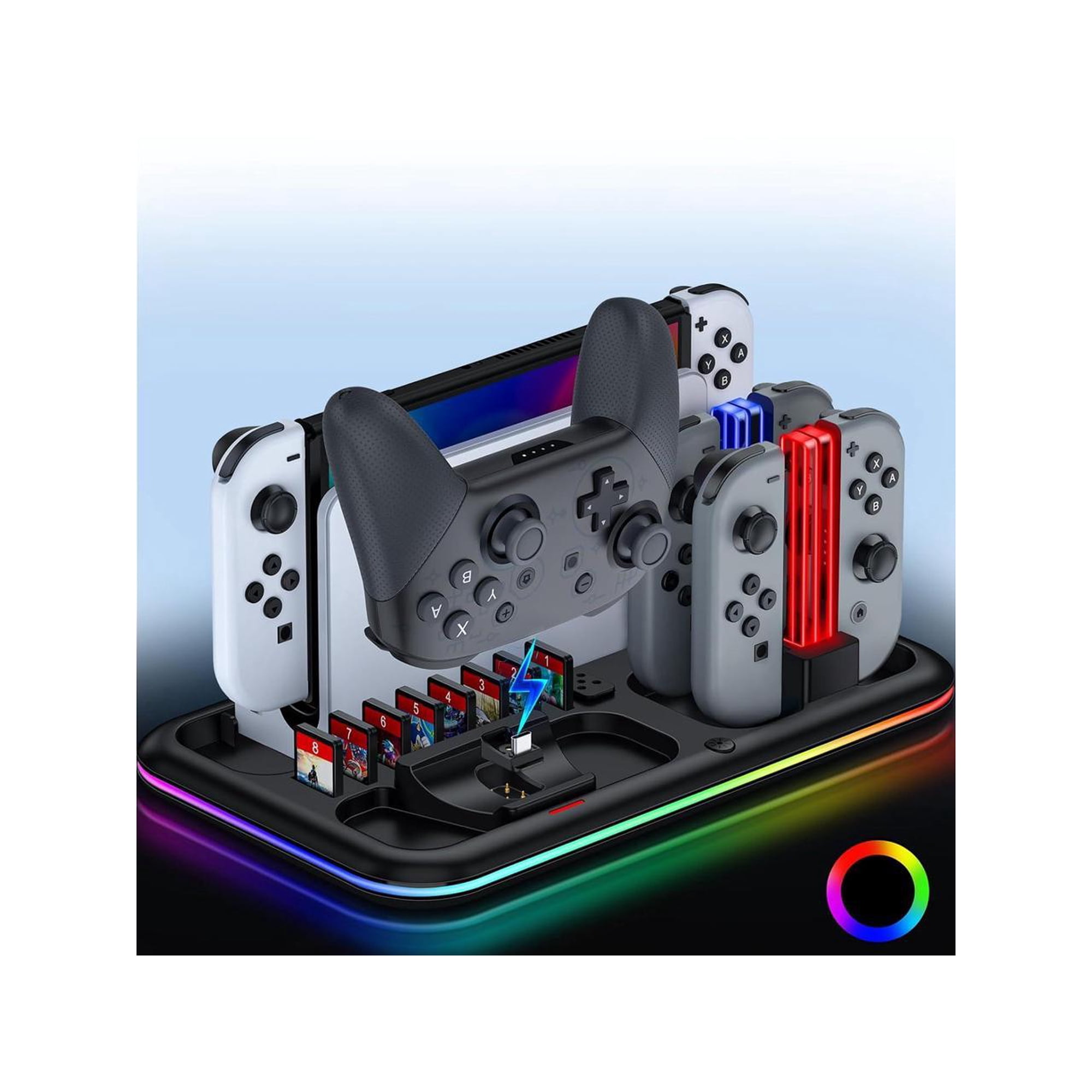 Switch Controller Charger for Nintendo Switch & OLED Joycon Charging Dock, Switch Organizer Station with RGB Lights for TV Dock, Pro Controller, 4 Joy-Cons, 2 Extended USB-C, 8 Game Slots