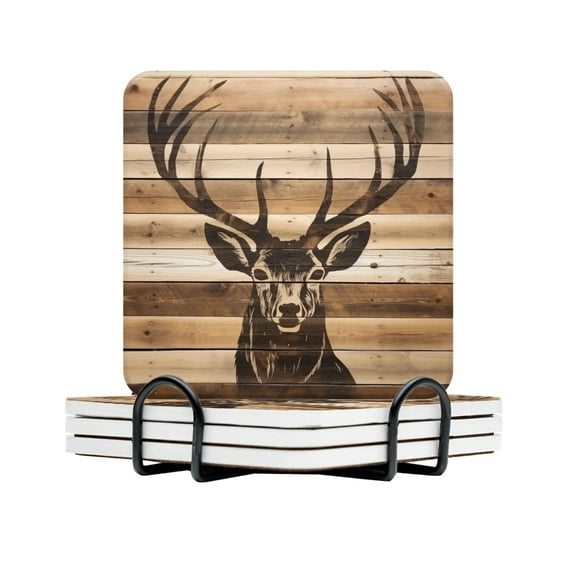 BaHomeck Drink Coasters Set Of 4 With Holder Rustic Wood Slats With The Silhouette Of Deer Water Absorbent Ceramic Coasters Tabletop Protection,Suitable For Various Cup,Home Decor